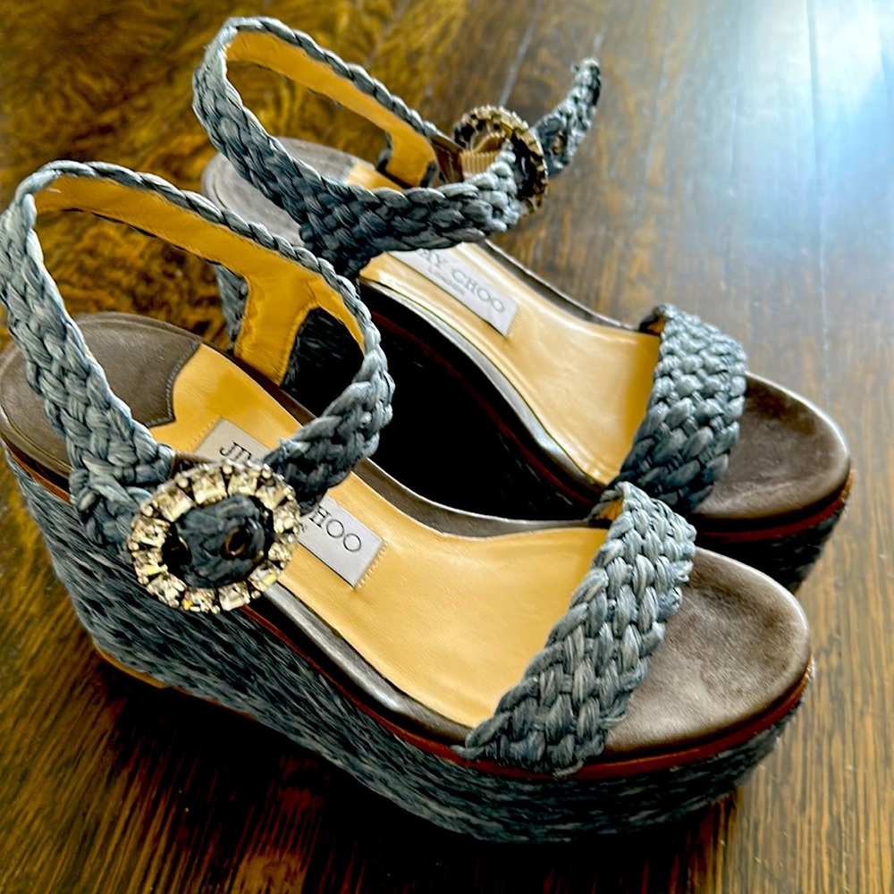 Blue Jimmy Choo espadrilles with crystal embellished buckle.